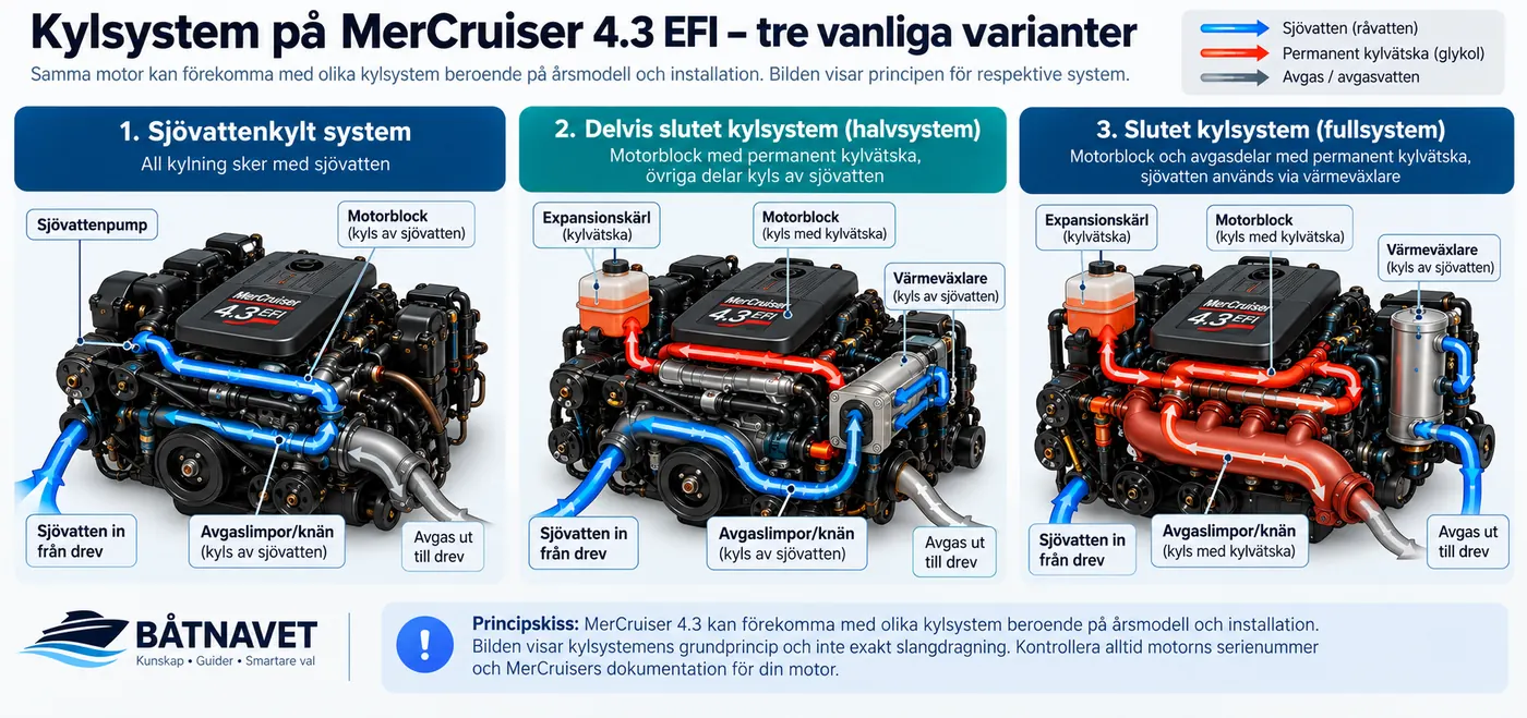 Illustration som jämför sjövattenkylt, delvis slutet och slutet kylsystem i MerCruiser 4.3 EFI.